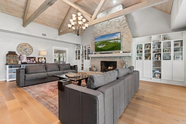 living room featuring a fireplace, light wood-style flooring, an inviting chandelier, high vaulted ceiling, and wooden ceiling