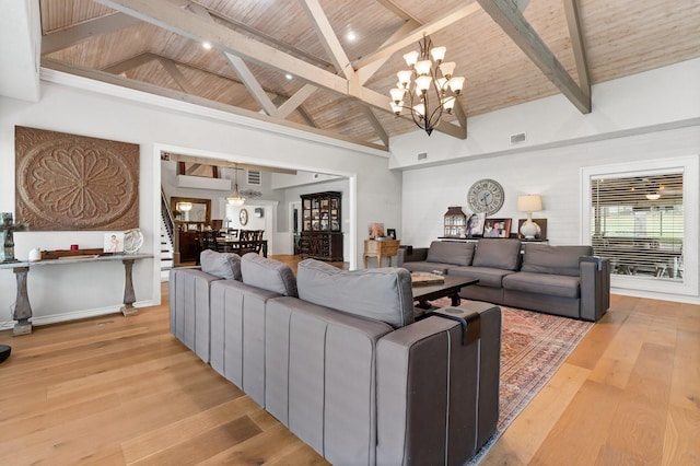 living room featuring visible vents, an inviting chandelier, wood ceiling, high vaulted ceiling, and light wood-type flooring