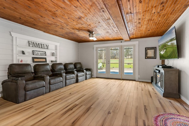 cinema with wood ceiling, ceiling fan, french doors, light wood-style floors, and beam ceiling