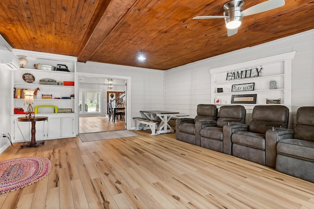 home theater with light wood finished floors, built in features, a ceiling fan, a wall unit AC, and wood ceiling