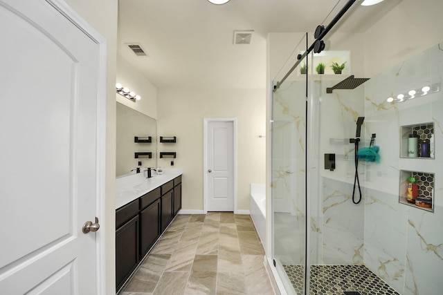 bathroom featuring a sink, visible vents, a marble finish shower, a bath, and double vanity