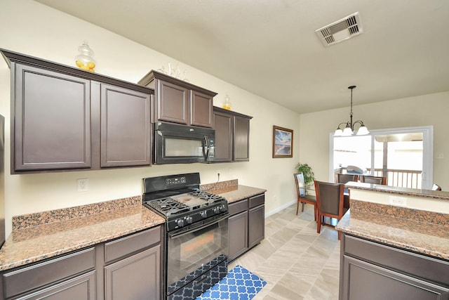 kitchen with a notable chandelier, visible vents, hanging light fixtures, dark brown cabinetry, and black appliances