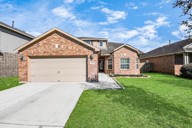 view of front of property with a garage, concrete driveway, brick siding, and a front lawn