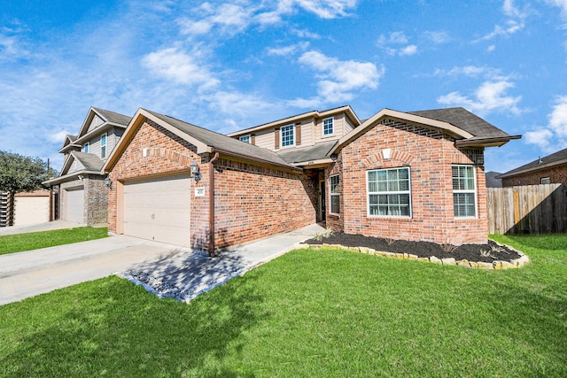 view of front facade featuring brick siding, a front lawn, an attached garage, and fence