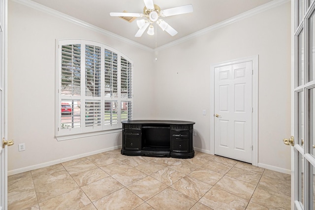 spare room featuring ornamental molding, light tile patterned floors, baseboards, and a ceiling fan