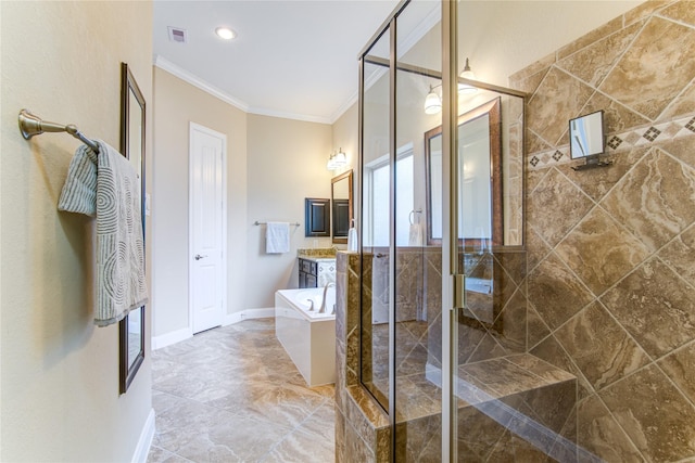 bathroom featuring visible vents, crown molding, vanity, a shower stall, and a bath