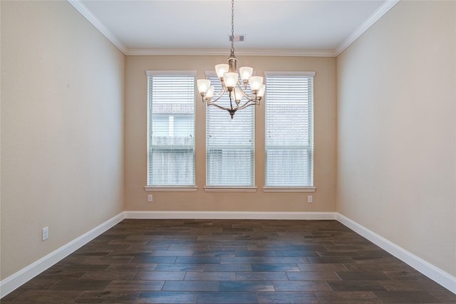 unfurnished dining area featuring a wealth of natural light, baseboards, a chandelier, and dark wood-type flooring