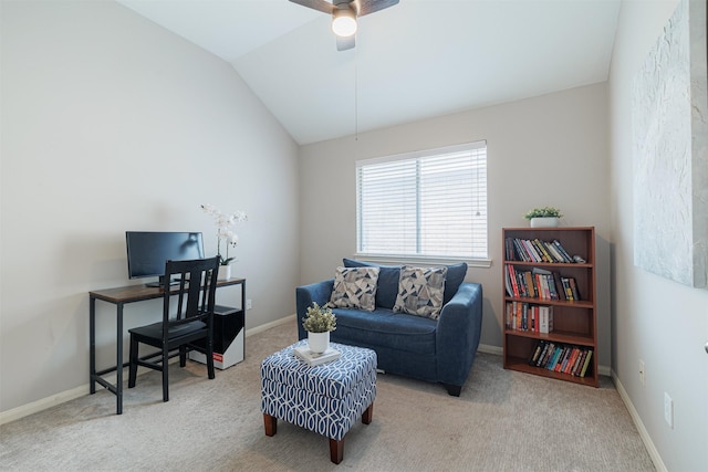 office with lofted ceiling, carpet flooring, a ceiling fan, and baseboards