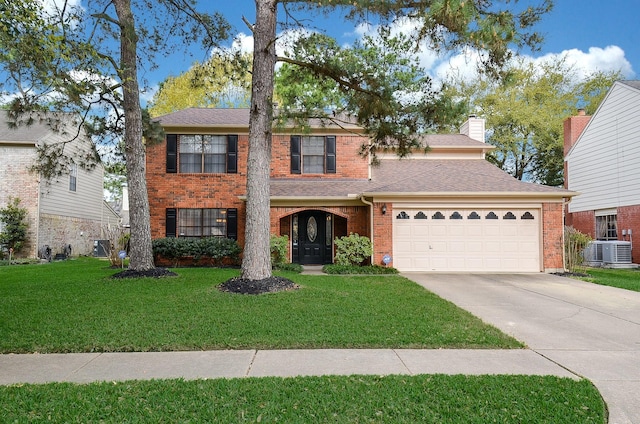 view of front facade featuring concrete driveway, brick siding, an attached garage, and a front lawn