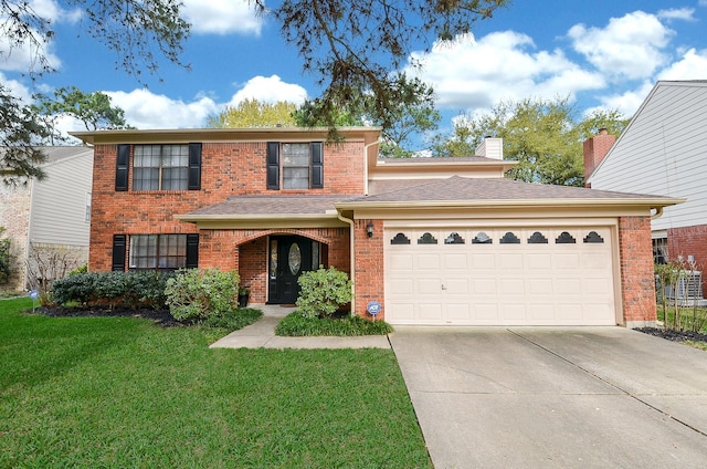 traditional-style house featuring an attached garage, brick siding, a shingled roof, concrete driveway, and a front lawn