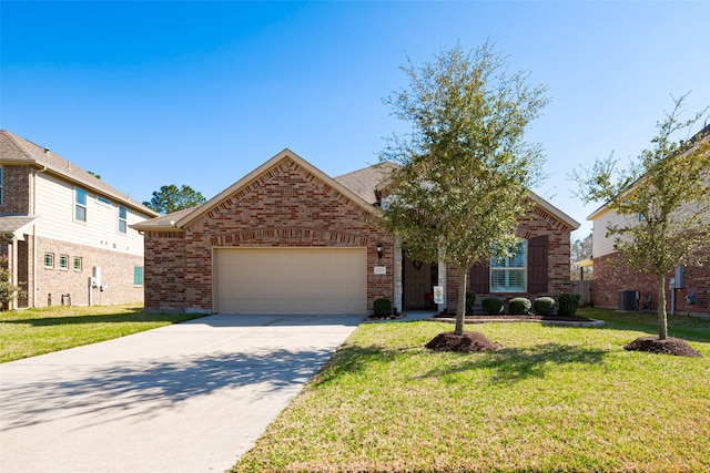 view of front of home featuring a garage, a front lawn, concrete driveway, and brick siding