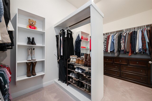 walk in closet with light colored carpet