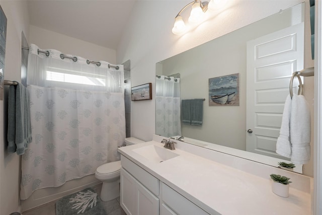 full bathroom with toilet, shower / tub combo, tile patterned floors, and vanity