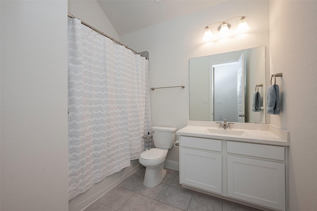 bathroom featuring lofted ceiling, toilet, vanity, tile patterned floors, and shower / bathtub combination with curtain