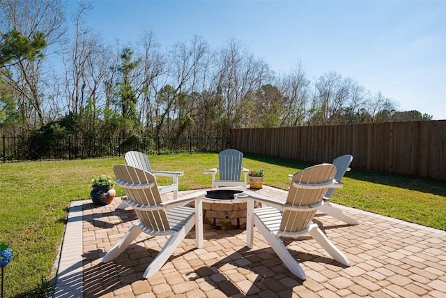 view of patio / terrace featuring a fenced backyard and a fire pit