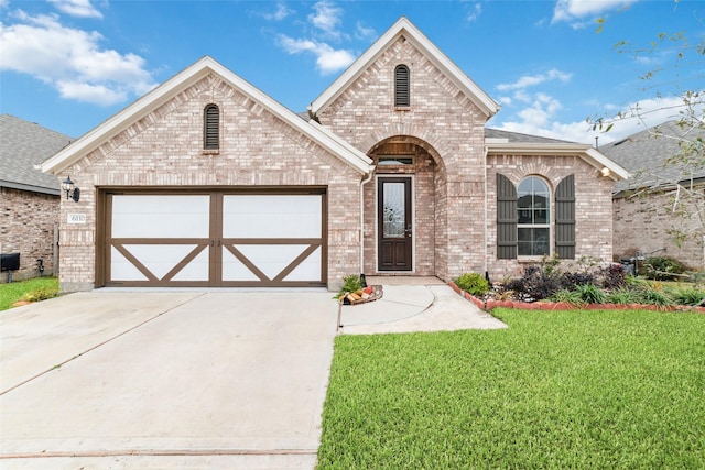 french country inspired facade featuring brick siding, a shingled roof, concrete driveway, an attached garage, and a front yard