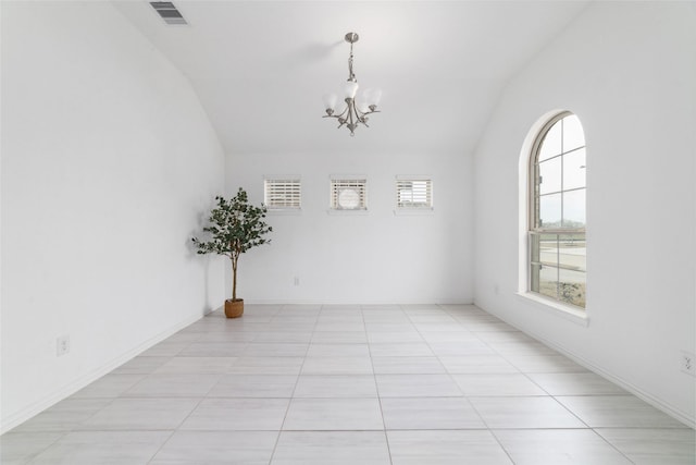 unfurnished room featuring visible vents, vaulted ceiling, a notable chandelier, and baseboards