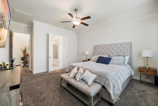 bedroom with ornamental molding, visible vents, dark carpet, and baseboards