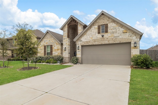 french provincial home with concrete driveway, a front yard, fence, a garage, and stone siding