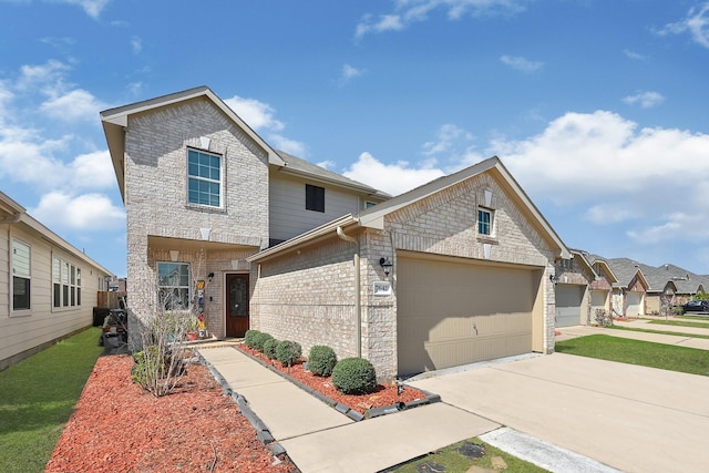 traditional home featuring a garage, concrete driveway, brick siding, and a residential view