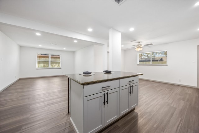 kitchen featuring light wood-style floors, recessed lighting, open floor plan, and a center island