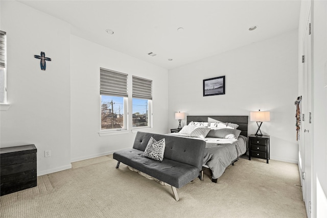 bedroom featuring recessed lighting, baseboards, visible vents, and carpet floors