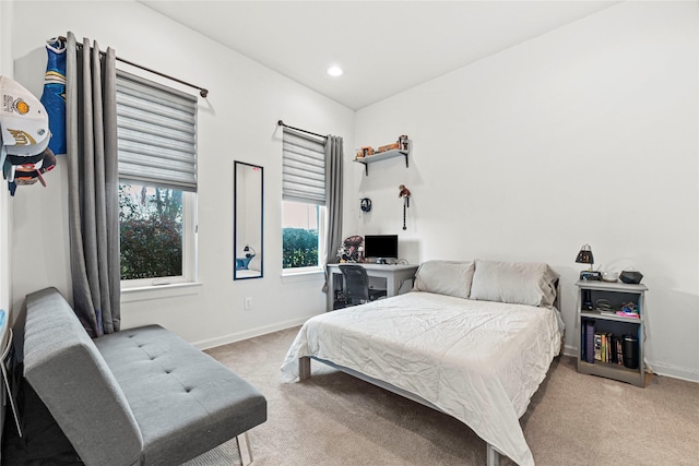 bedroom featuring recessed lighting, carpet flooring, and baseboards