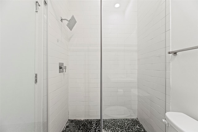 full bathroom featuring toilet and a stall shower