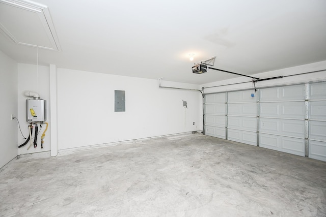 garage featuring a garage door opener, electric panel, and water heater