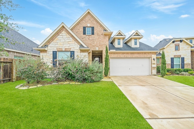 craftsman inspired home featuring driveway, a garage, fence, a front yard, and brick siding