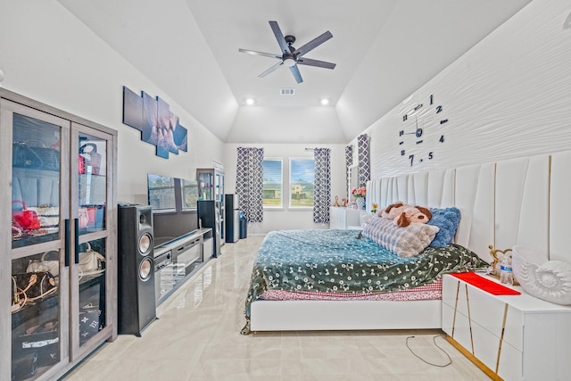 bedroom with a ceiling fan, visible vents, and vaulted ceiling