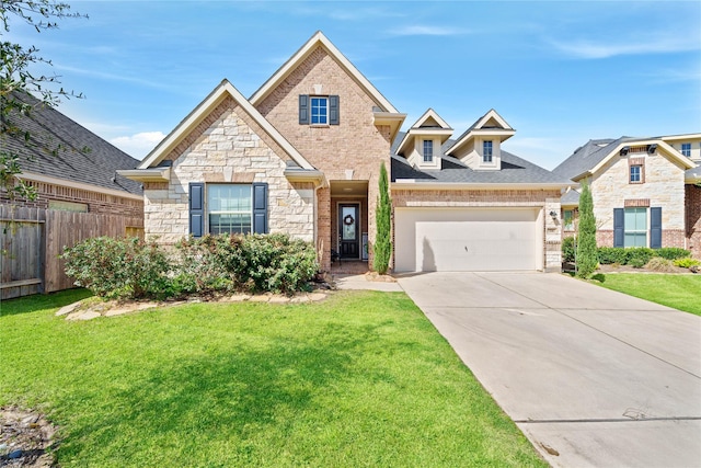 view of front of property with an attached garage, concrete driveway, a front lawn, and fence