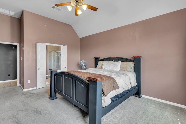 bedroom featuring light colored carpet, visible vents, vaulted ceiling, and baseboards