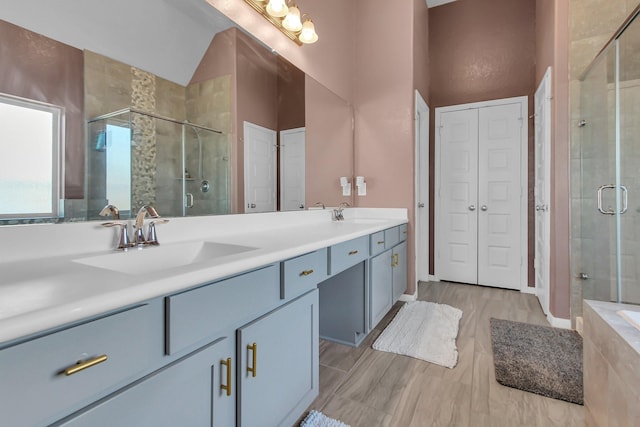 bathroom featuring double vanity, a stall shower, a closet, and a sink