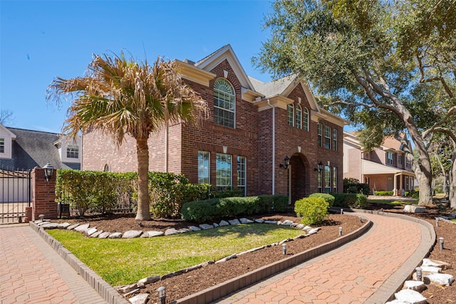 view of front of property featuring a gate, brick siding, and fence