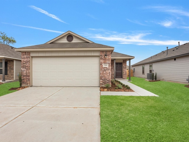 ranch-style house featuring an attached garage, central AC unit, a front lawn, and brick siding