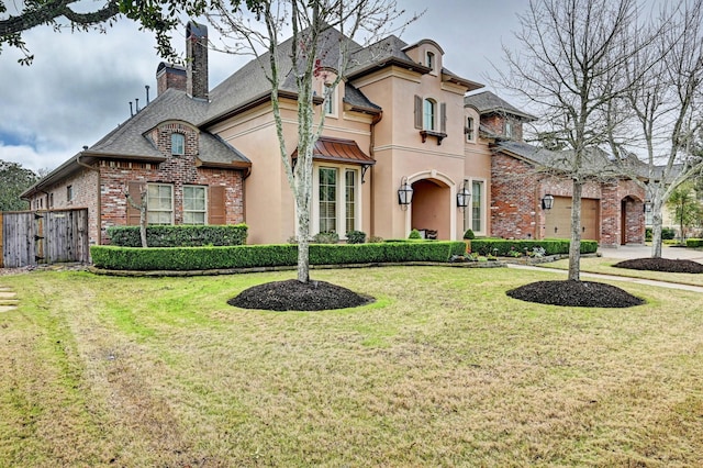 french country inspired facade featuring brick siding, a chimney, a front lawn, and stucco siding