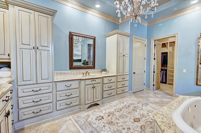 bathroom featuring ornamental molding, a walk in closet, vanity, a notable chandelier, and recessed lighting