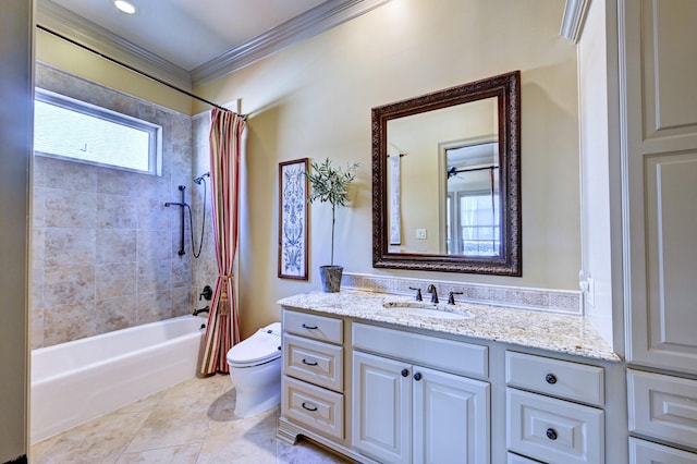 bathroom with tile patterned flooring, toilet, vanity, ornamental molding, and shower / bath combination with curtain