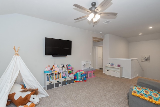 rec room featuring carpet floors, recessed lighting, visible vents, and a ceiling fan