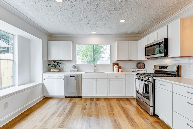 kitchen with crown molding, tasteful backsplash, light countertops, a sink, and stainless steel appliances