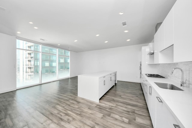 kitchen featuring tasteful backsplash, white cabinetry, light countertops, and a sink