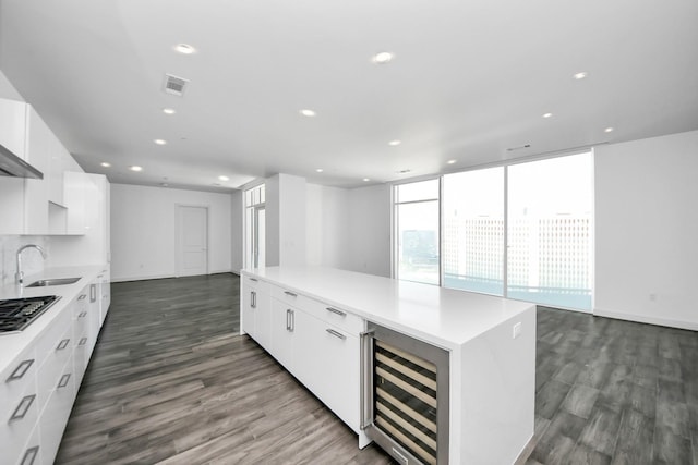 kitchen featuring dark wood-style floors, light countertops, a sink, and white cabinets