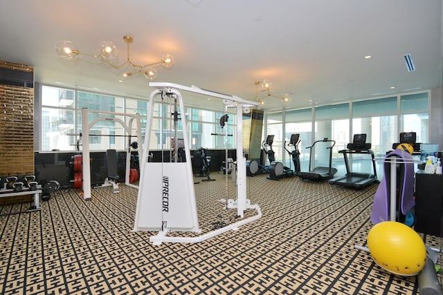 gym with carpet floors and floor to ceiling windows