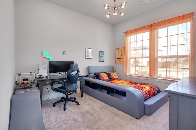 bedroom featuring a chandelier, lofted ceiling, and light colored carpet