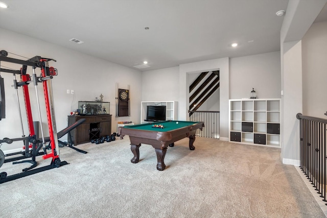 rec room with carpet, billiards, visible vents, and recessed lighting