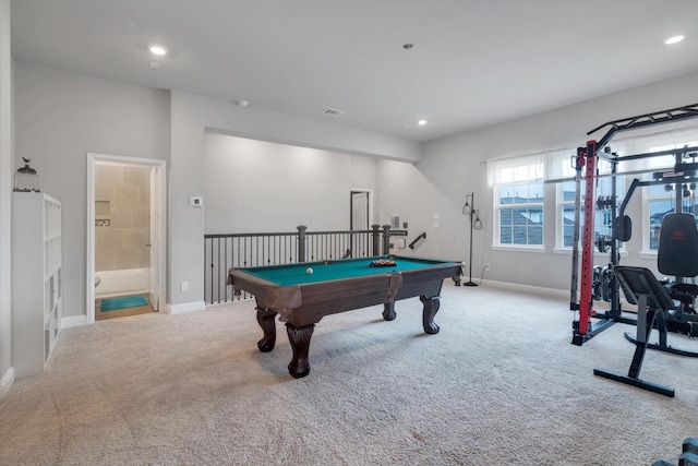 game room with baseboards, pool table, recessed lighting, and light colored carpet