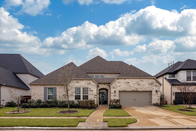 french country home with a garage, a shingled roof, concrete driveway, and a front yard