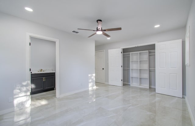 unfurnished bedroom featuring recessed lighting, visible vents, and baseboards