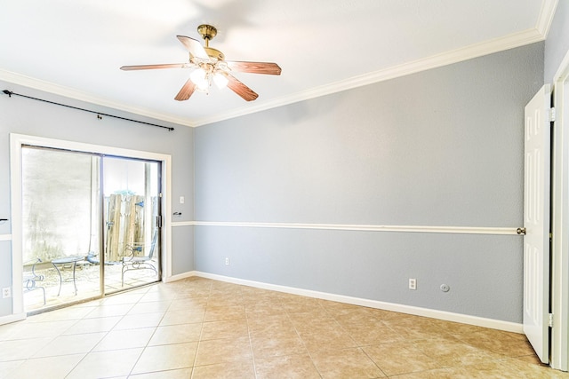 empty room featuring ornamental molding, light tile patterned flooring, a ceiling fan, and baseboards